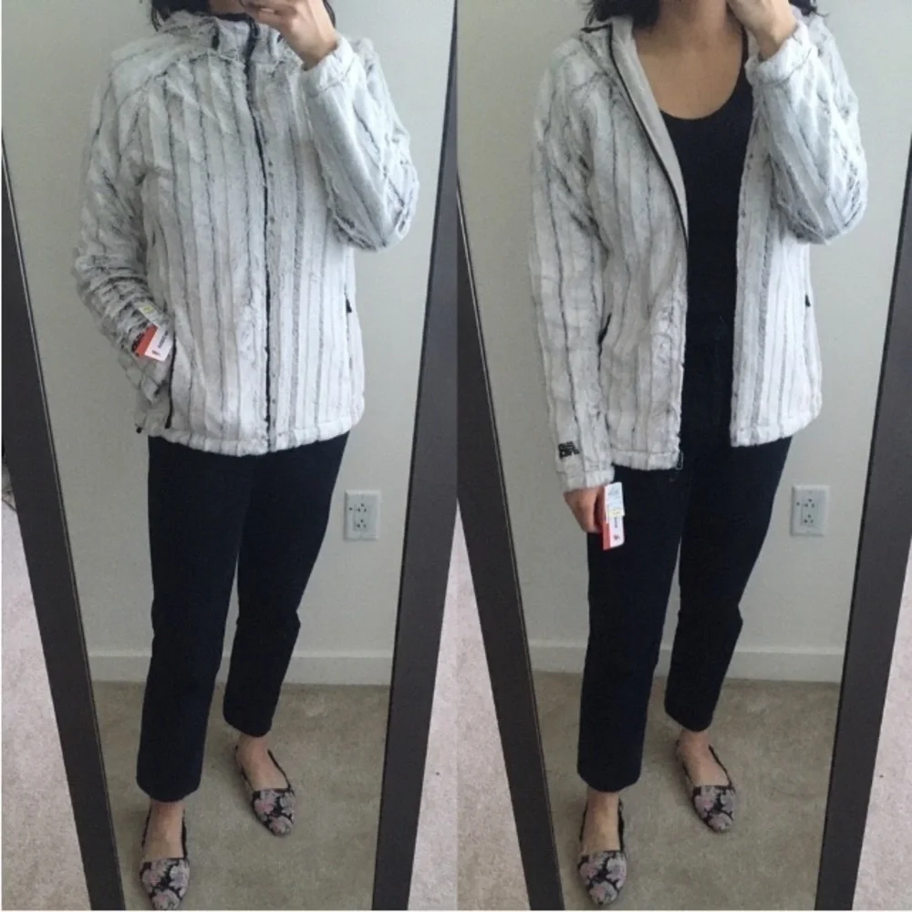 New Balance Ivory Faux Fur Hooded Zip Jacket